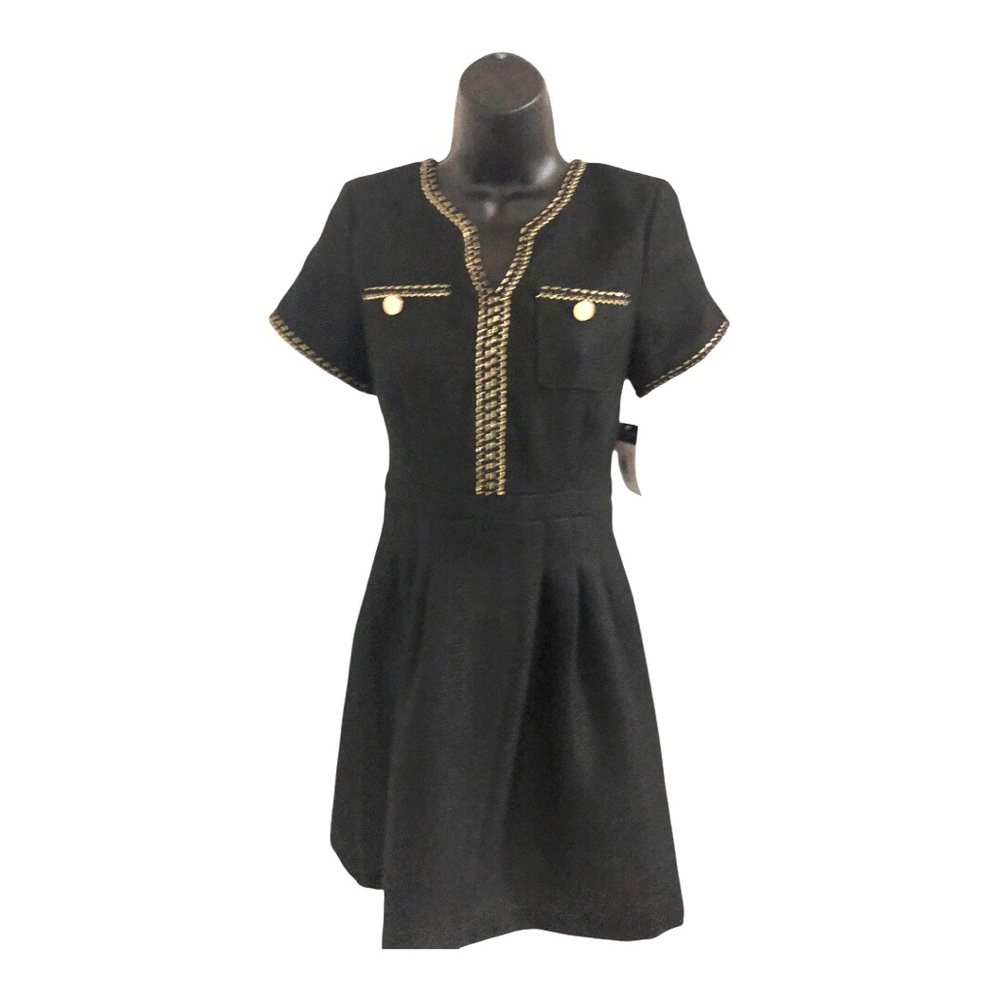 Tahari black boucle look gold trim fit and flare LBD dress size 14 brand new